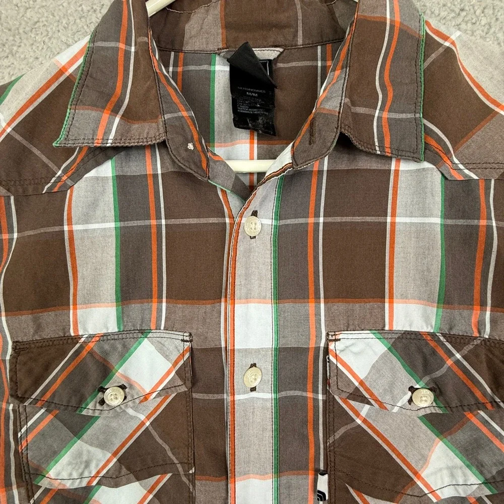The North Face Mens Plaid Short Sleeve Button Up Shirt M Brown‎ Green Orange
